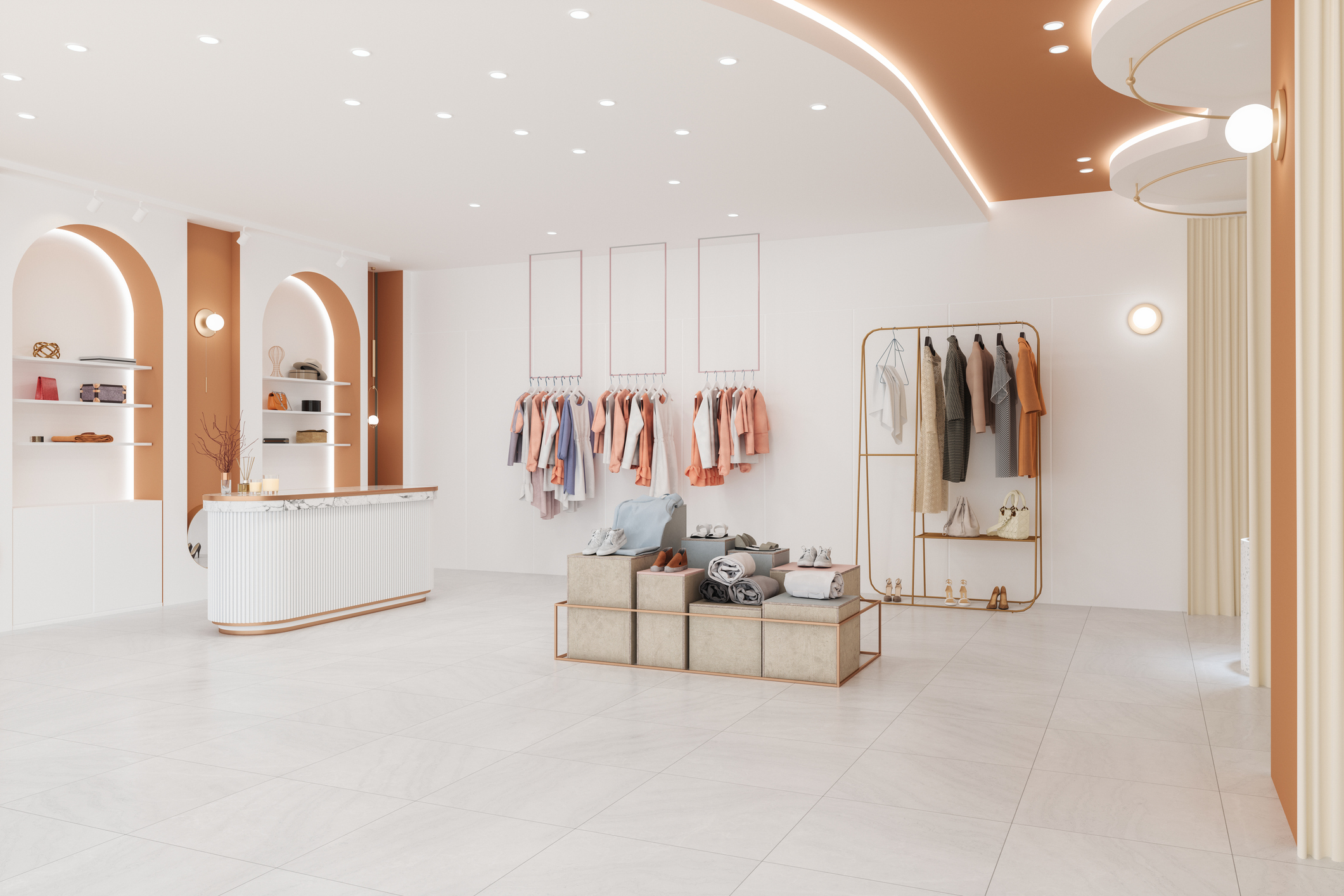 Luxury Clothing Store Interior With Clothes, Shoes And Personal Accessories
